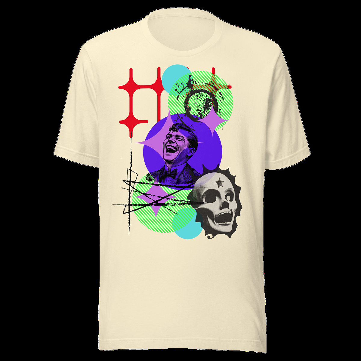 The Laughing Man T-Shirt — cream tee with a surreal collage of a laughing man in a purple circle, a skull with a star tattoo, and neon pop-art shapes